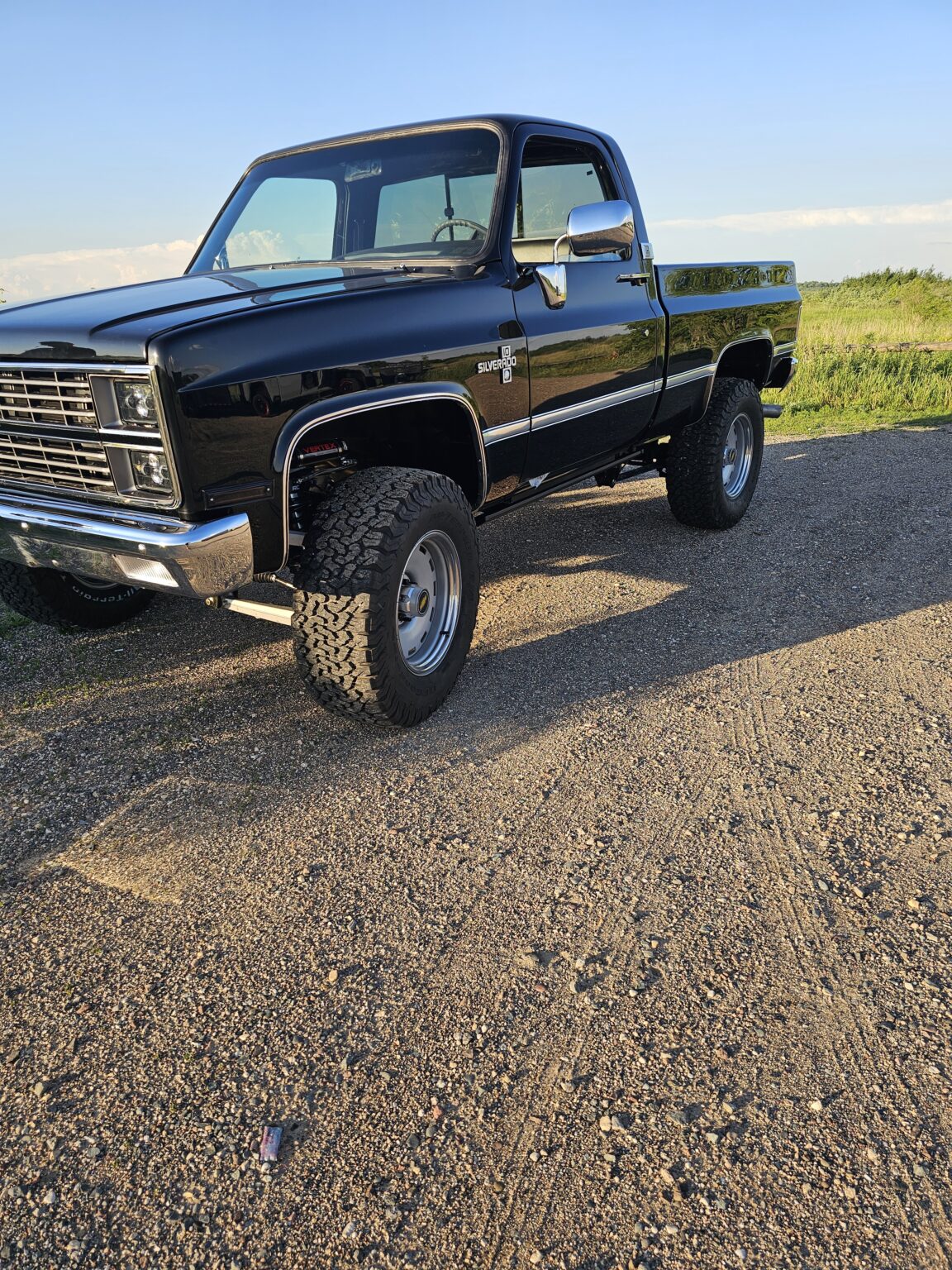 1986 K10 on a Frame-Werx chassis, front three-quarter at golden hour