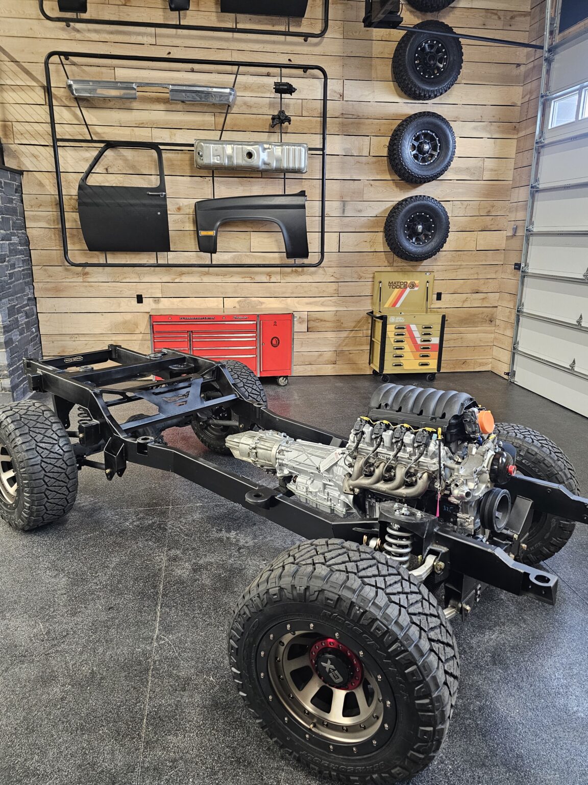 Frame-Werx chassis with LS engine and wheels, three-quarter view