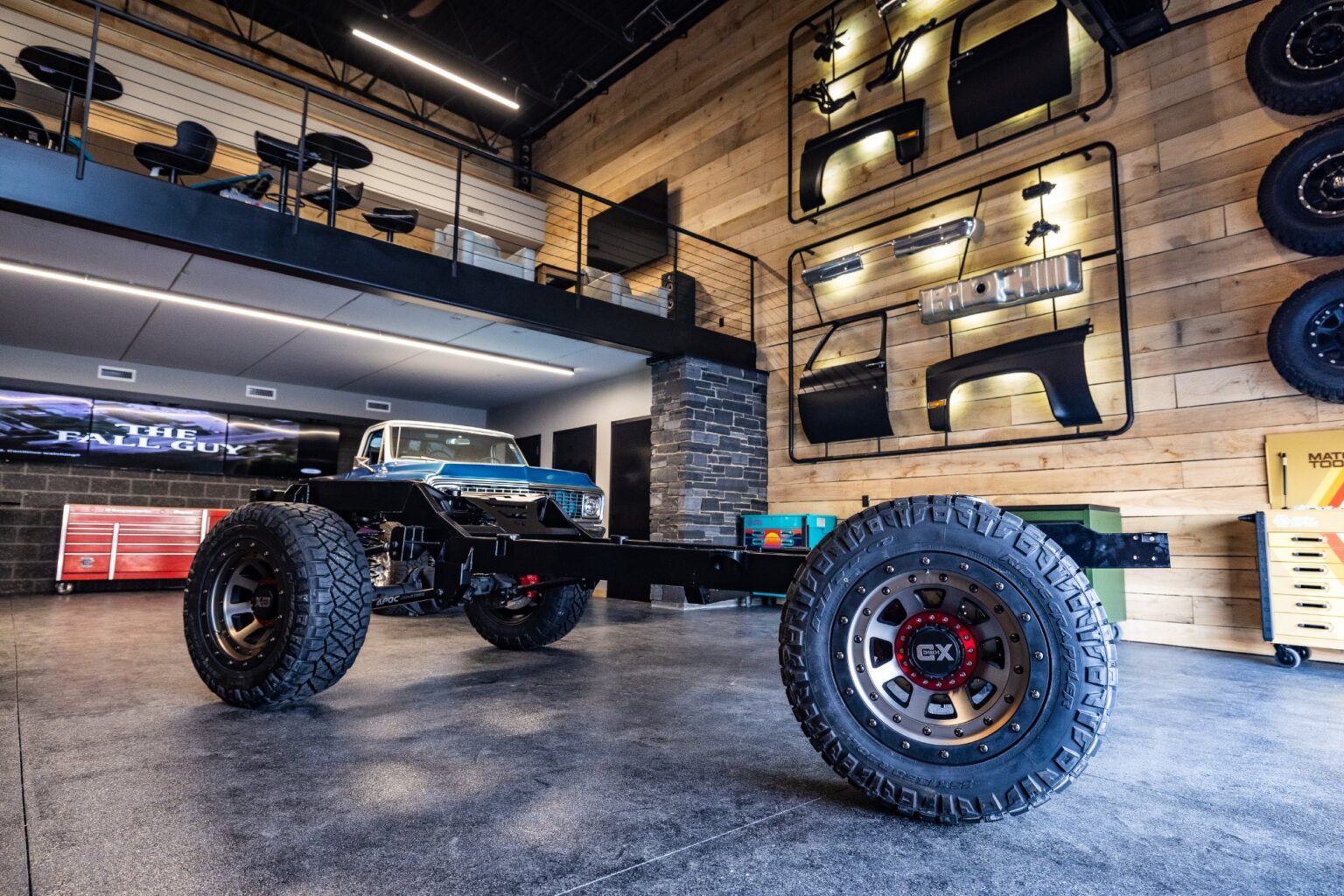 Frame-Werx K5 Blazer chassis on wheels, low front three-quarter